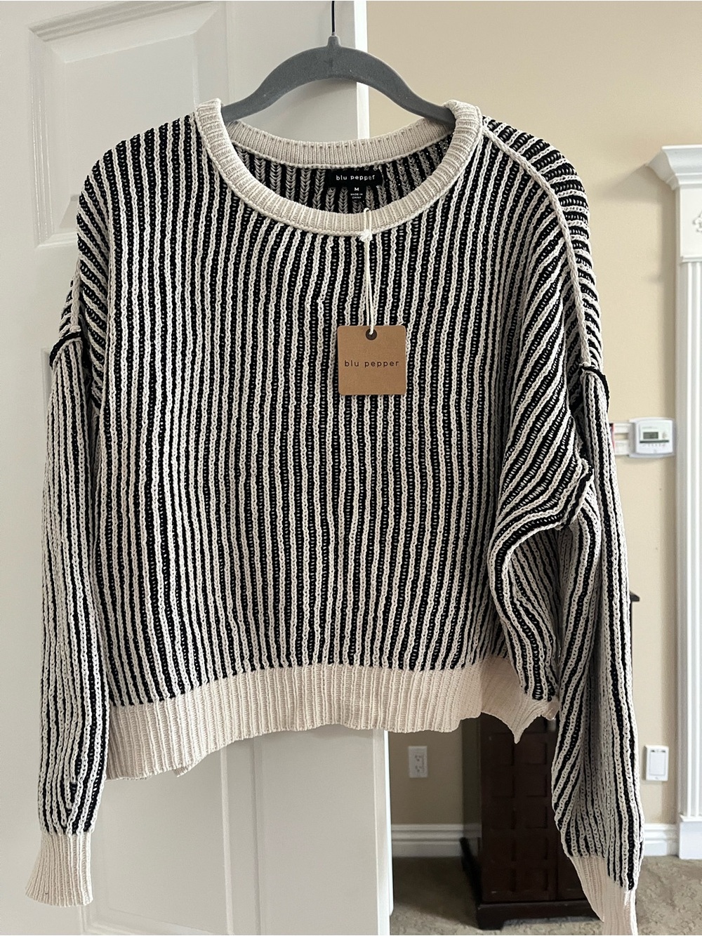 Blu Pepper Black & Cream Vertical Stripe Crewneck Sweater